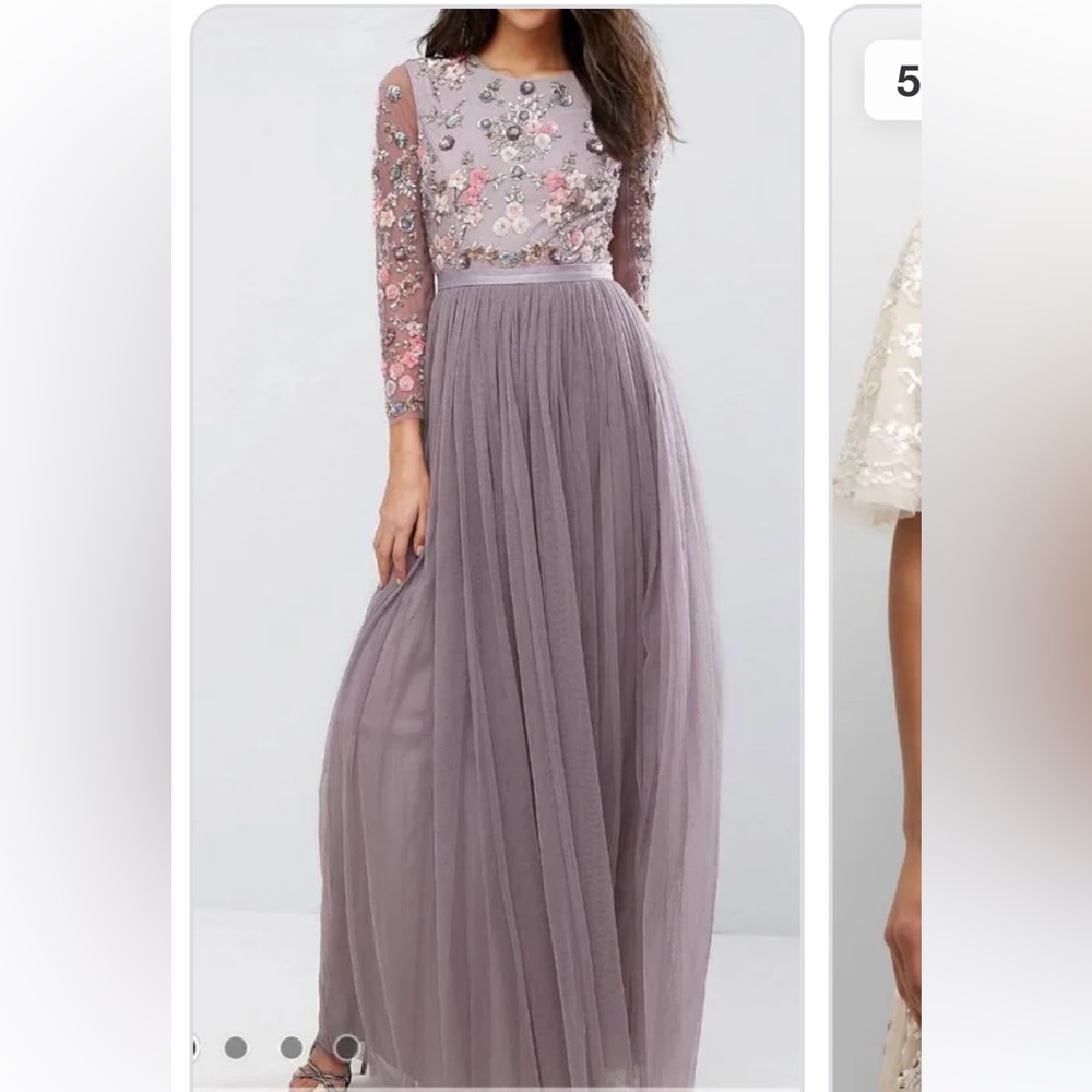 Needle & Thread Ditsy Scatter Tulle Gown in Purple with Pink Beaded Floral